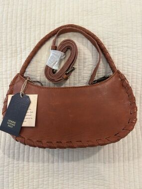Brown Leather Convertible Hobo Bag Braided Strap Whipstitch Trim Crossbody Strap